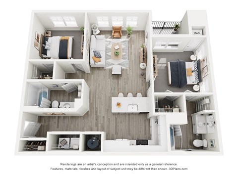 Floor plan for 2 beds, 2 baths, 1098 sqft